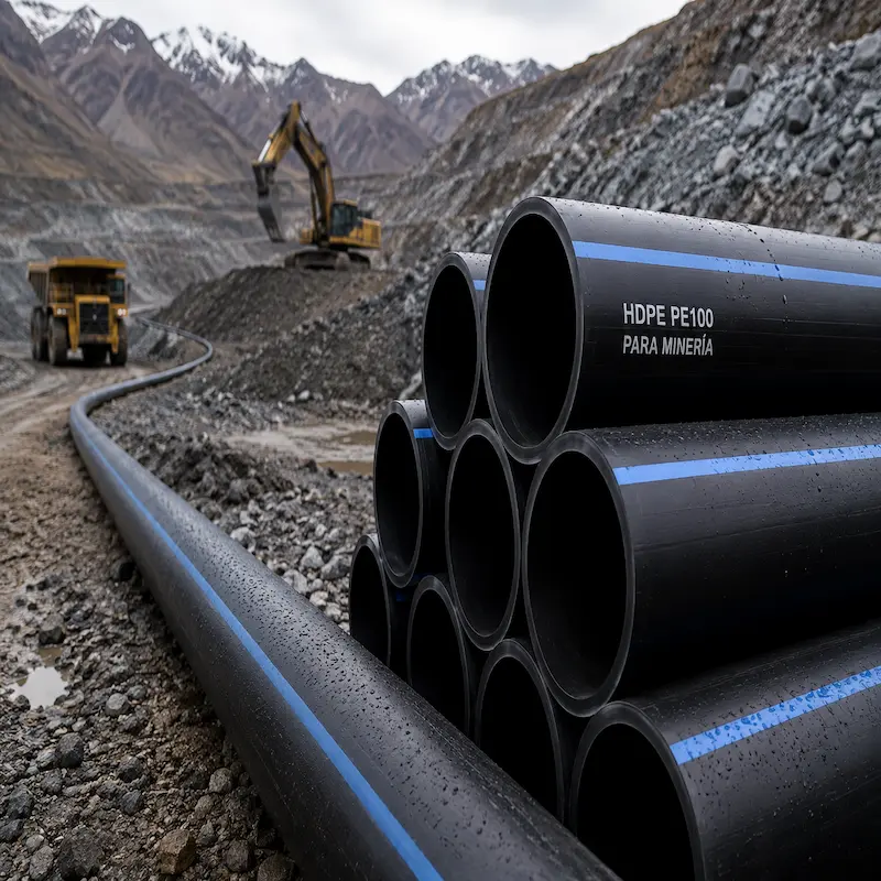 Tuberías HDPE PE100 para minería de alta presión utilizadas en el transporte de agua, relaves, lodos, pulpas minerales y soluciones industriales en operaciones mineras de gran exigencia.