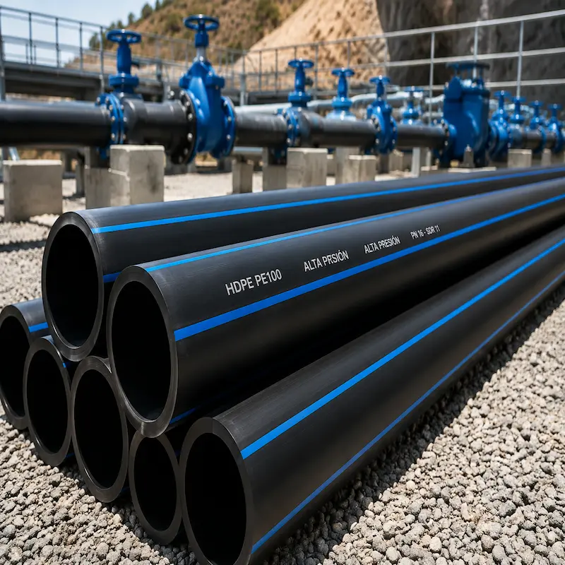 Tuberías HDPE de alta presión PE100 de polietileno de alta densidad para conducción de agua potable, minería, industria, riego, impulsión y redes hidráulicas de alta presión con máxima resistencia y larga vida útil.