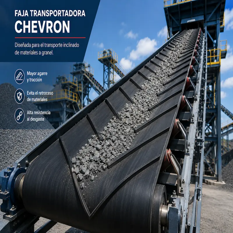Faja transportadora Chevron de caucho con perfil en V, diseñada para el transporte inclinado de materiales a granel en minería, canteras, agricultura, reciclaje, puertos e industrias pesadas.