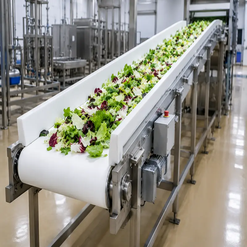 Faja transportadora para alimentos de grado sanitario utilizada para el transporte continuo de productos alimenticios en plantas de procesamiento, envasado y producción de la industria alimentaria.