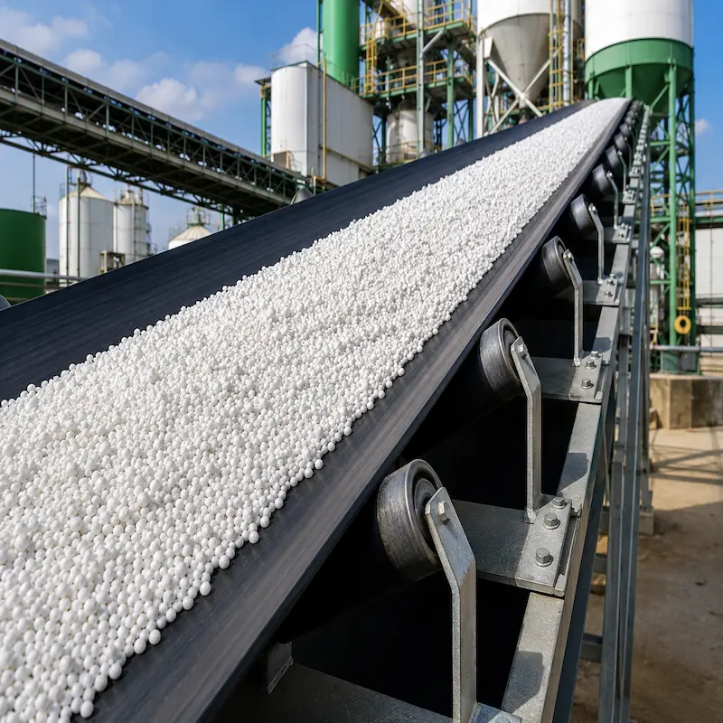 Faja transportadora para fertilizantes de caucho industrial utilizada para el transporte continuo de fertilizantes granulados en plantas de producción, almacenamiento y procesos industriales.