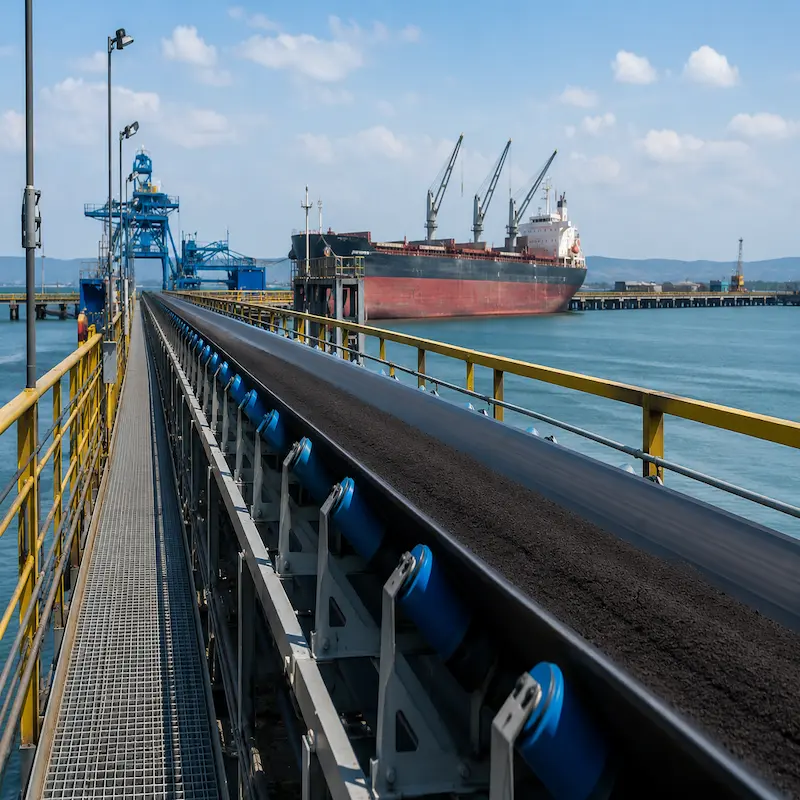 Faja transportadora para puertos de alta resistencia utilizada para la carga y descarga de graneles, minerales, carbón y fertilizantes en terminales portuarios.