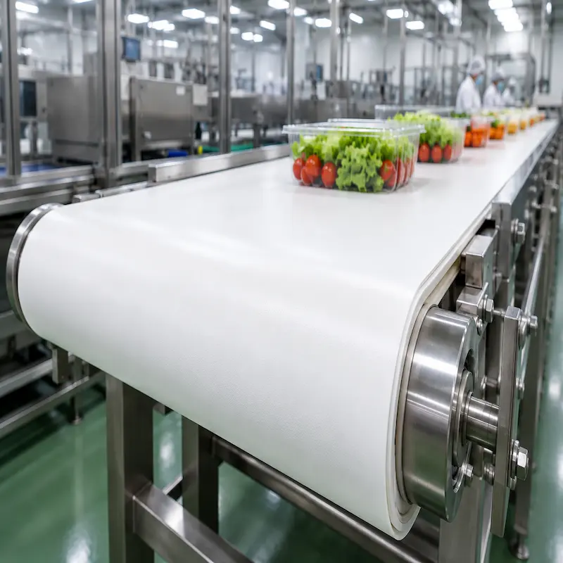 Faja Transportadora PVC Sanitaria de grado alimentario para la industria alimentaria, farmacéutica, pesquera y de procesamiento de alimentos.
