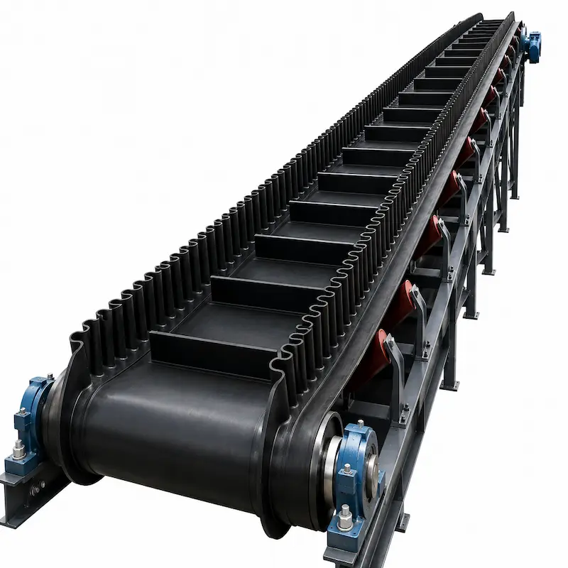 Faja transportadora Sidewall con paredes laterales corrugadas y tacos transversales, diseñada para el transporte vertical e inclinado de materiales a granel en minería, puertos, cementeras, reciclaje e industrias pesadas.