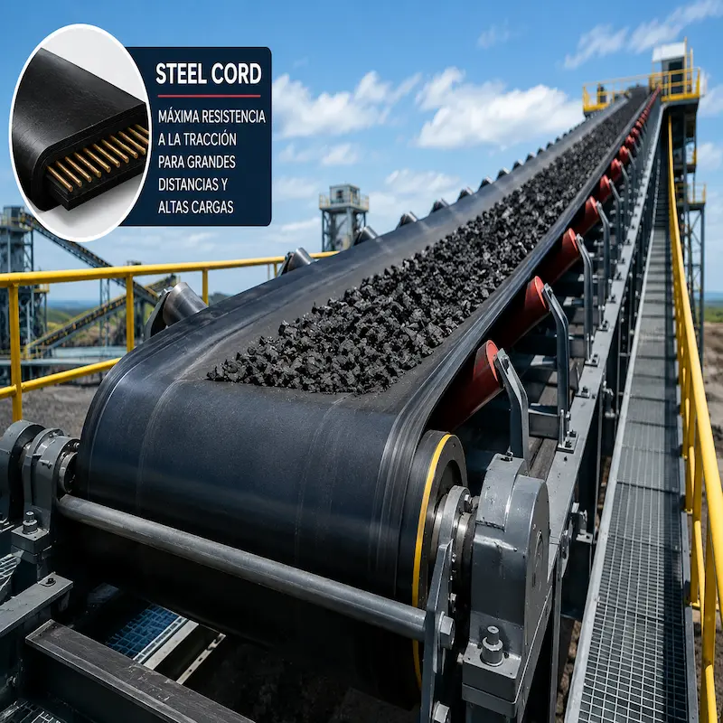 Faja transportadora Steel Cord reforzada con cables de acero de alta resistencia, diseñada para el transporte continuo de materiales pesados en minería, puertos, cementeras, canteras e industrias de gran capacidad.
