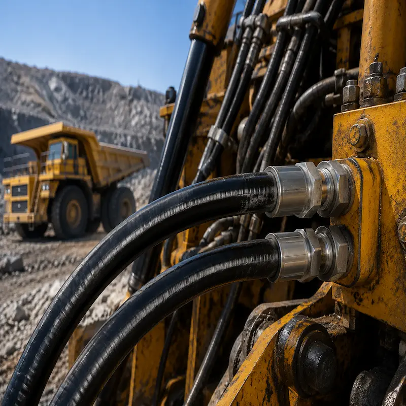 Manguera hidráulica termoplástica de alta presión instalada en maquinaria minera de servicio pesado, con conexiones hidráulicas de acero para aplicaciones en minería, construcción e industria.