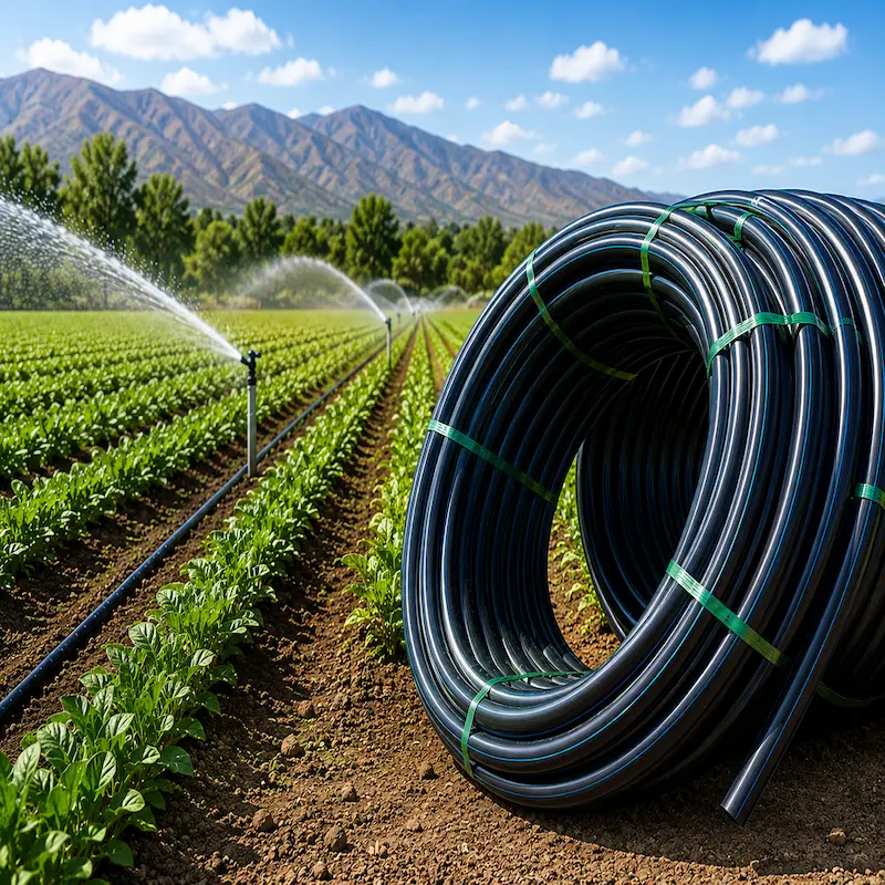 Tubería HDPE flexible PE100 en rollo para riego agrícola por aspersión y goteo, fabricada en polietileno de alta densidad para conducción eficiente de agua en cultivos, agricultura e irrigación tecnificada.
