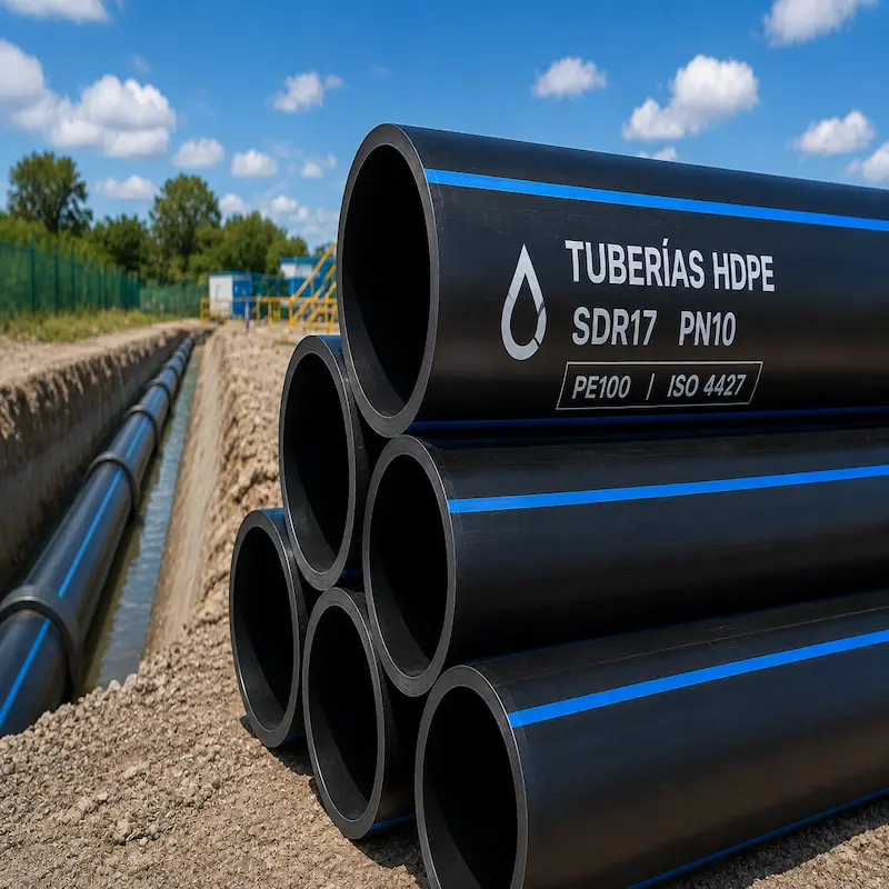 Tubería HDPE PE100 SDR17 PN10 fabricada bajo norma ISO 4427 para conducción de agua potable, riego, minería, industria y sistemas hidráulicos de alta resistencia.