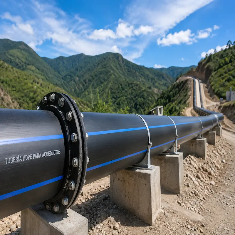 Tuberías HDPE PE100 para acueductos de alta presión utilizadas en sistemas de conducción de agua potable, redes hidráulicas, líneas de impulsión y proyectos de infraestructura hidráulica, con alta resistencia a la corrosión, larga vida útil y certificación para aplicaciones municipales e industriales.