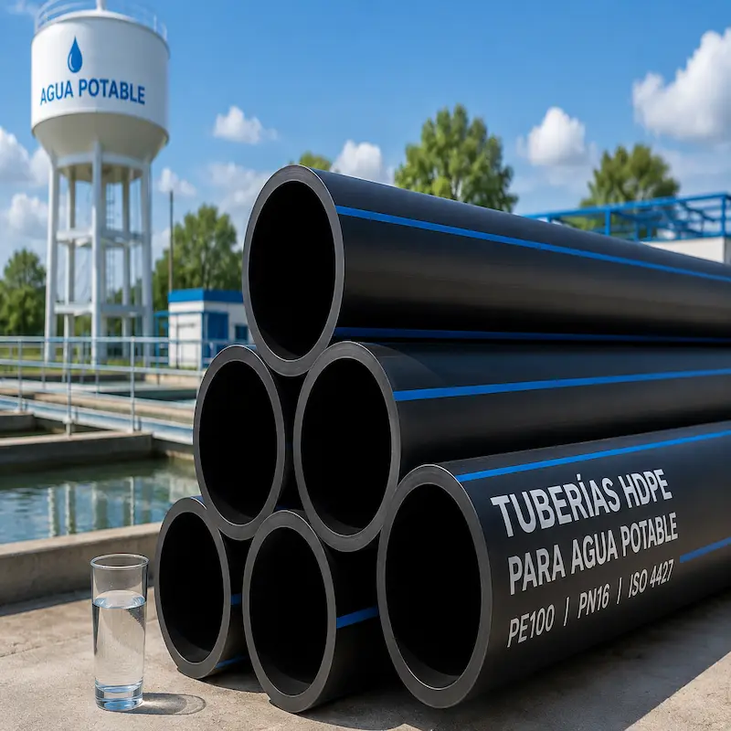 Tuberías HDPE PE100 ISO 4427 para agua potable de alta presión, fabricadas en polietileno de alta densidad para redes de distribución de agua, plantas de tratamiento, saneamiento e infraestructura hidráulica industrial.