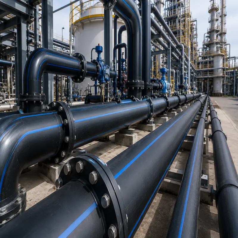 Tuberías HDPE PE100 para plantas industriales utilizadas en sistemas de conducción de agua, productos químicos, efluentes, procesos industriales y redes de alta presión, con excelente resistencia química, corrosión, abrasión y larga vida útil.