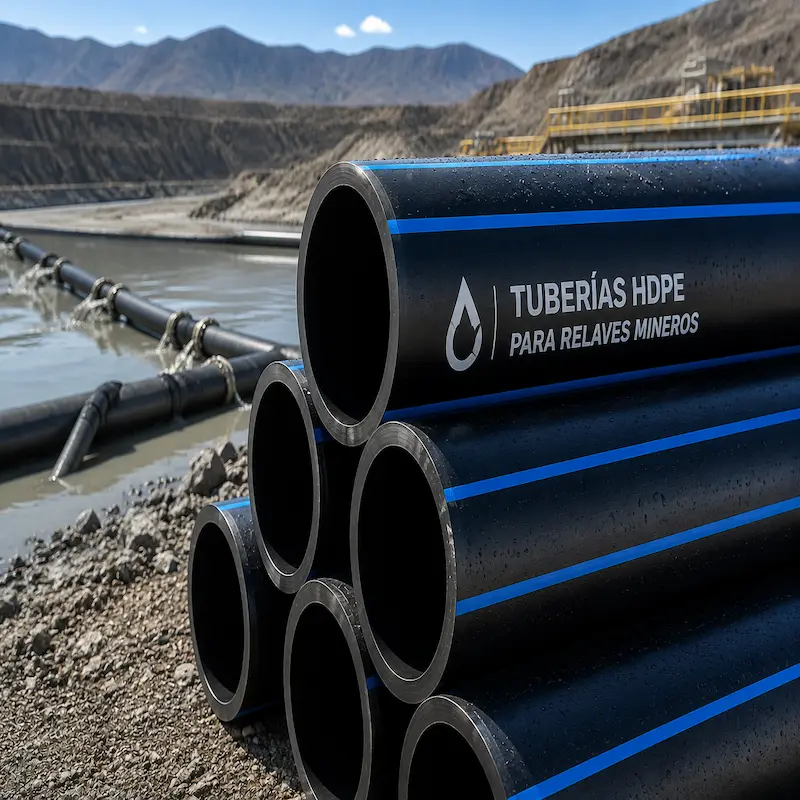 Tuberías HDPE PE100 ISO 4427 para transporte de relaves mineros, pulpas abrasivas y lodos de alta presión en operaciones de minería, plantas concentradoras e infraestructura industrial.