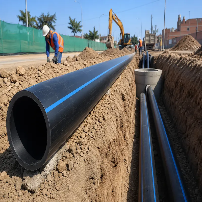 Tuberías HDPE para saneamiento de polietileno PE100 instaladas en obra civil para redes de alcantarillado, drenaje sanitario y conducción de aguas residuales con alta resistencia a la corrosión y larga vida útil.